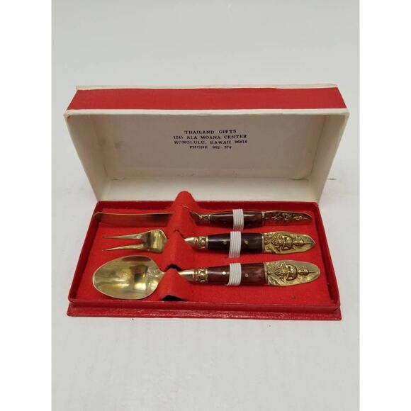 Vintage Hors d' Oeuvre 3 Serving Set, Fork Knife Spoon, Made in Thailand - Picture 2 of 7